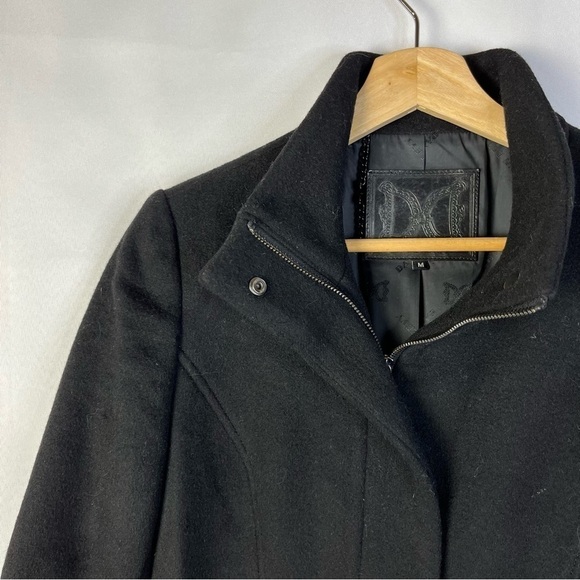 Dawn Levy Trinity Black Wool Button Front Fur Hem Pea Coat M - Picture 3 of 4